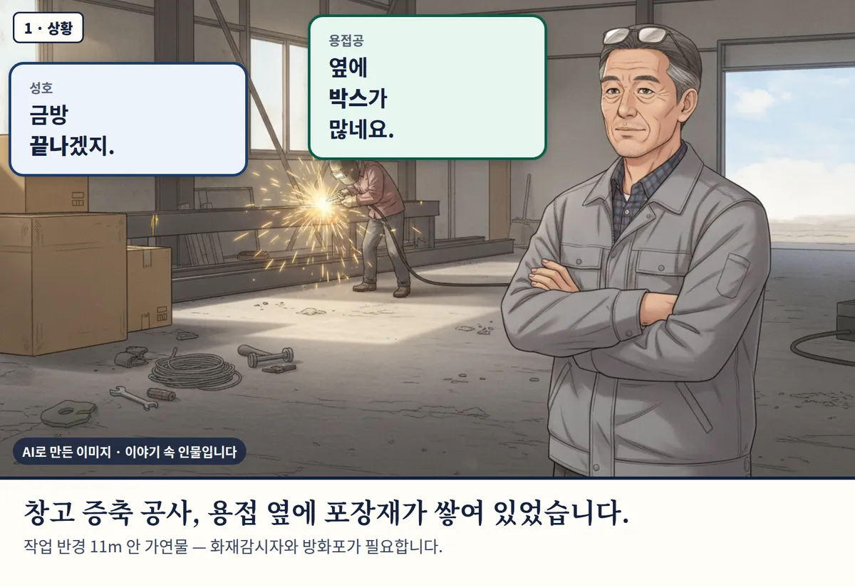 4컷 카툰 1컷(1 · 상황, AI로 만든 이미지, 이야기 속 인물): 성호: 금방 끝나겠지. / 용접공: 옆에 박스가 많네요. 창고 증축 공사, 용접 옆에 포장재가 쌓여 있었습니다. 작업 반경 11m 안 가연물 — 화재감시자와 방화포가 필요합니다.
