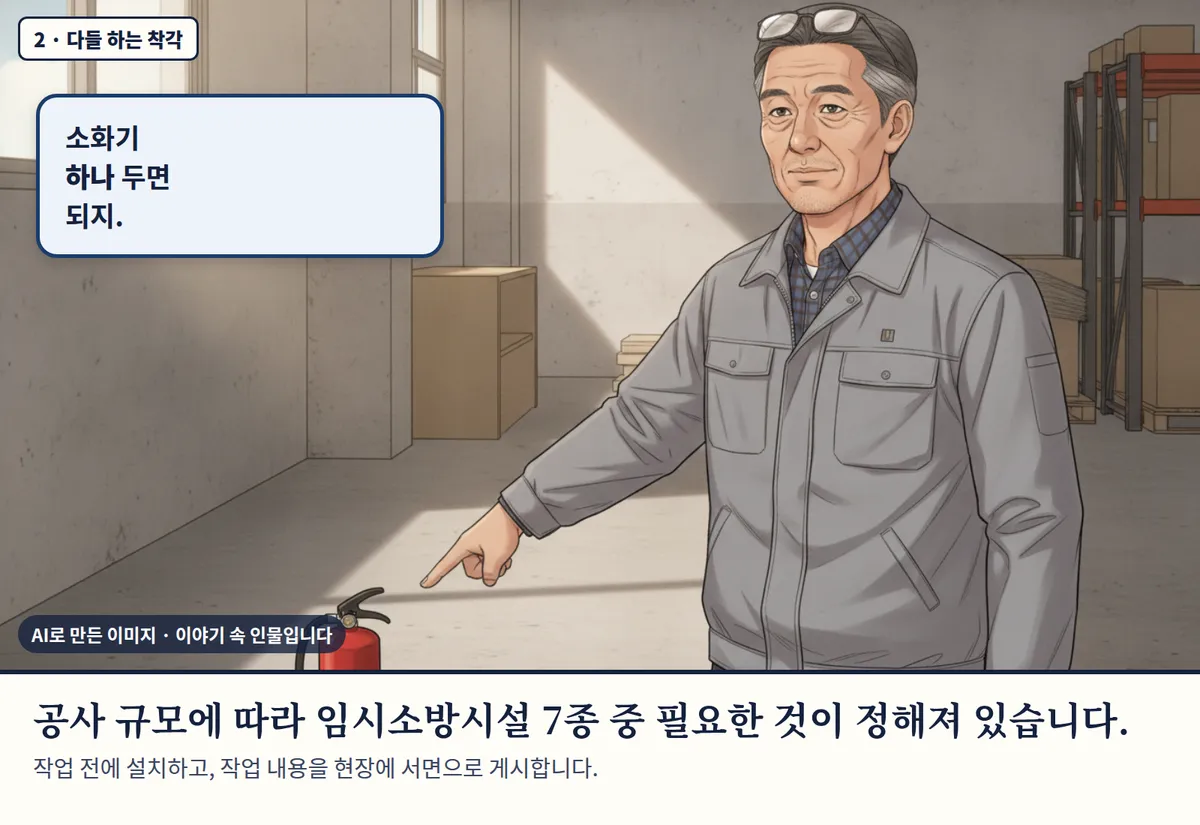 4컷 카툰 2컷(2 · 다들 하는 착각, AI로 만든 이미지, 이야기 속 인물): 소화기 하나 두면 되지. 공사 규모에 따라 임시소방시설 7종 중 필요한 것이 정해져 있습니다. 작업 전에 설치하고, 작업 내용을 현장에 서면으로 게시합니다.