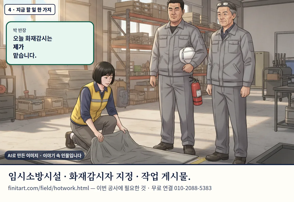 4컷 카툰 4컷(4 · 지금 할 일 한 가지, AI로 만든 이미지, 이야기 속 인물): 박 반장: 오늘 화재감시는 제가 맡습니다. 임시소방시설 · 화재감시자 지정 · 작업 게시물. finitart.com/field/hotwork.html — 이번 공사에 필요한 것 · 무료 연결 010-2088-5383