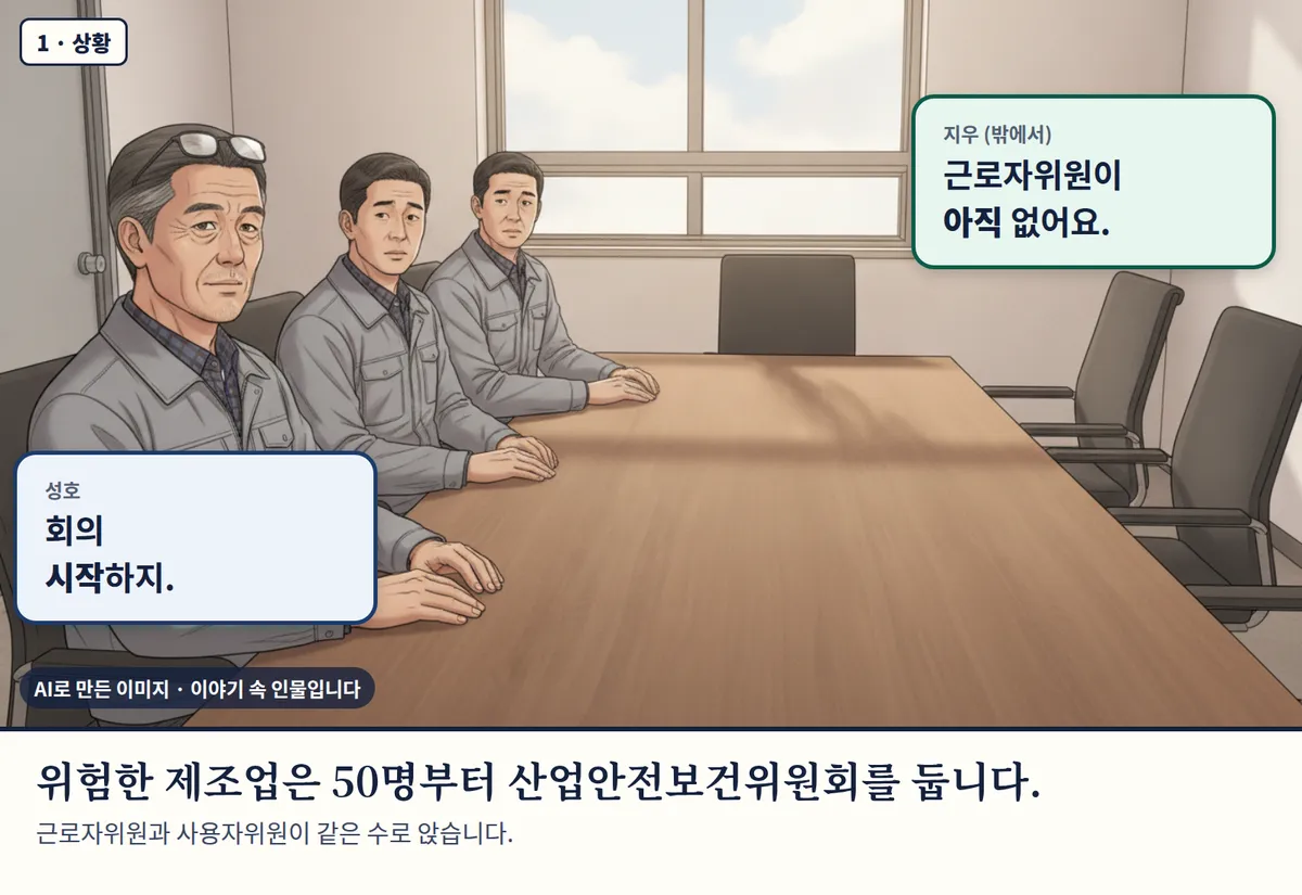 4컷 카툰 1컷(1 · 상황, AI로 만든 이미지, 이야기 속 인물): 성호: 회의 시작하지. / 지우 (밖에서): 근로자위원이 아직 없어요. 위험한 제조업은 50명부터 산업안전보건위원회를 둡니다. 근로자위원과 사용자위원이 같은 수로 앉습니다.