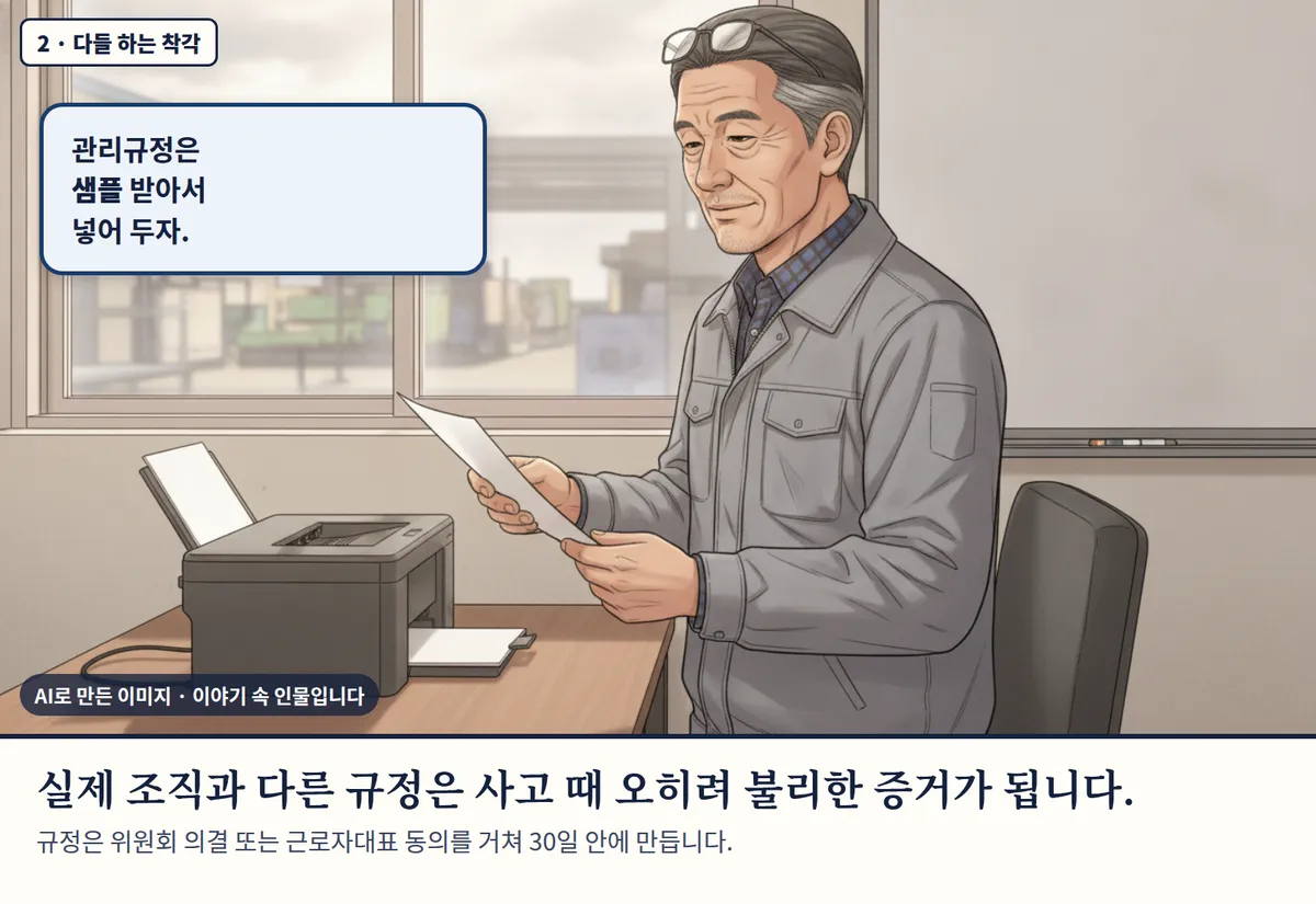 4컷 카툰 2컷(2 · 다들 하는 착각, AI로 만든 이미지, 이야기 속 인물): 관리규정은 샘플 받아서 넣어 두자. 실제 조직과 다른 규정은 사고 때 오히려 불리한 증거가 됩니다. 규정은 위원회 의결 또는 근로자대표 동의를 거쳐 30일 안에 만듭니다.