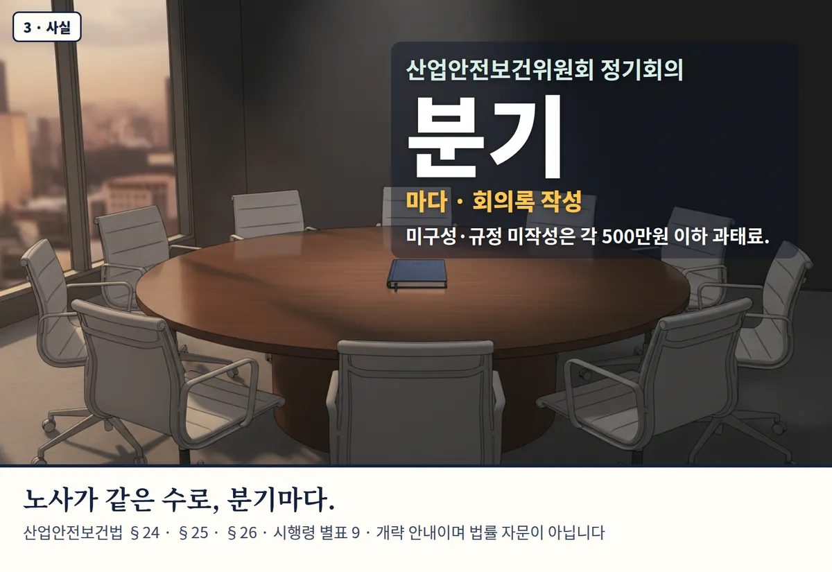 4컷 카툰 3컷(3 · 사실, AI로 만든 이미지, 이야기 속 인물): 산업안전보건위원회 정기회의 분기 — 마다 · 회의록 작성. 미구성·규정 미작성은 각 500만원 이하 과태료. 노사가 같은 수로, 분기마다. 산업안전보건법 §24 · §25 · §26 · 시행령 별표 9 · 개략 안내이며 법률 자문이 아닙니다