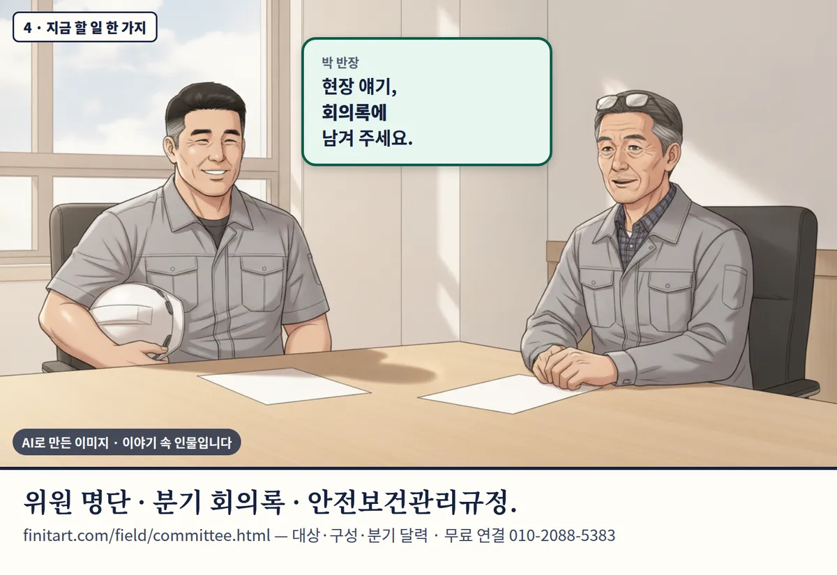 4컷 카툰 4컷(4 · 지금 할 일 한 가지, AI로 만든 이미지, 이야기 속 인물): 박 반장: 현장 얘기, 회의록에 남겨 주세요. 위원 명단 · 분기 회의록 · 안전보건관리규정. finitart.com/field/committee.html — 대상·구성·분기 달력 · 무료 연결 010-2088-5383