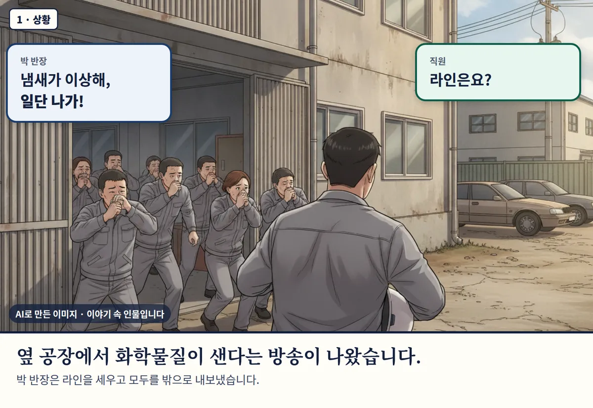 4컷 카툰 1컷(1 · 상황, AI로 만든 이미지, 이야기 속 인물): 박 반장: 냄새가 이상해, 일단 나가! / 직원: 라인은요? 옆 공장에서 화학물질이 샌다는 방송이 나왔습니다. 박 반장은 라인을 세우고 모두를 밖으로 내보냈습니다.