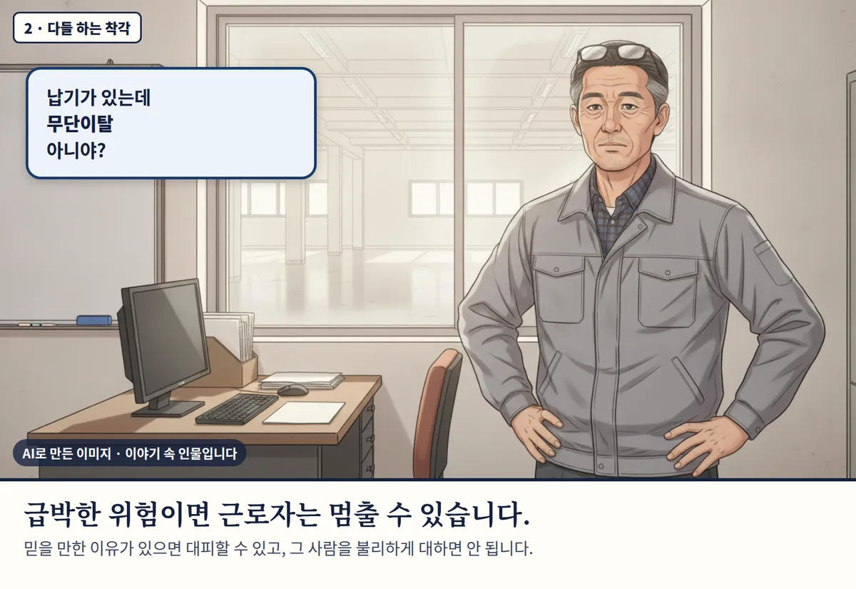 4컷 카툰 2컷(2 · 다들 하는 착각, AI로 만든 이미지, 이야기 속 인물): 납기가 있는데 무단이탈 아니야? 급박한 위험이면 근로자는 멈출 수 있습니다. 믿을 만한 이유가 있으면 대피할 수 있고, 그 사람을 불리하게 대하면 안 됩니다.