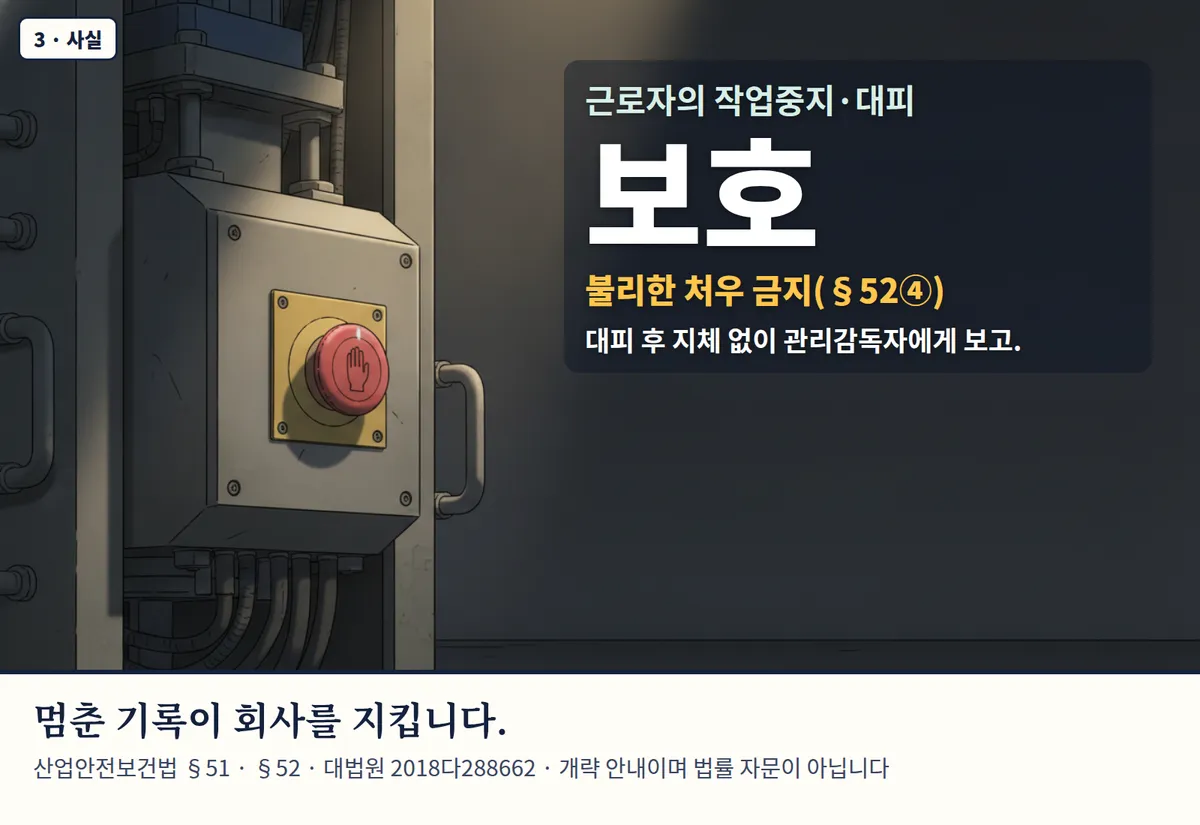 4컷 카툰 3컷(3 · 사실, AI로 만든 이미지, 이야기 속 인물): 근로자의 작업중지·대피 보호 — 불리한 처우 금지(§52④). 대피 후 지체 없이 관리감독자에게 보고. 멈춘 기록이 회사를 지킵니다. 산업안전보건법 §51 · §52 · 대법원 2018다288662 · 개략 안내이며 법률 자문이 아닙니다