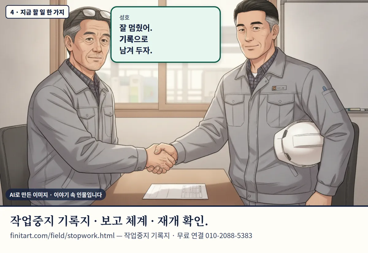 4컷 카툰 4컷(4 · 지금 할 일 한 가지, AI로 만든 이미지, 이야기 속 인물): 성호: 잘 멈췄어. 기록으로 남겨 두자. 작업중지 기록지 · 보고 체계 · 재개 확인. finitart.com/field/stopwork.html — 작업중지 기록지 · 무료 연결 010-2088-5383