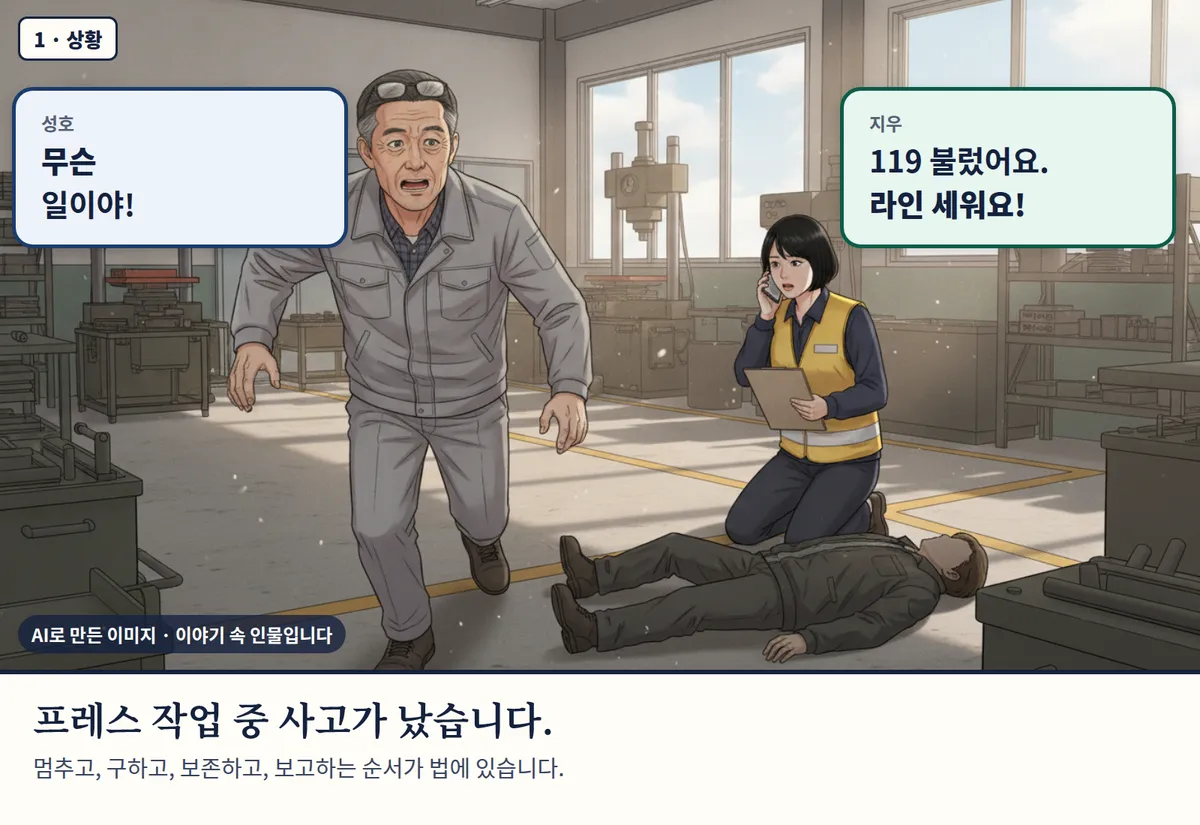4컷 카툰 1컷(1 · 상황, AI로 만든 이미지, 이야기 속 인물): 성호: 무슨 일이야! / 지우: 119 불렀어요. 라인 세워요! 프레스 작업 중 사고가 났습니다. 멈추고, 구하고, 보존하고, 보고하는 순서가 법에 있습니다.
