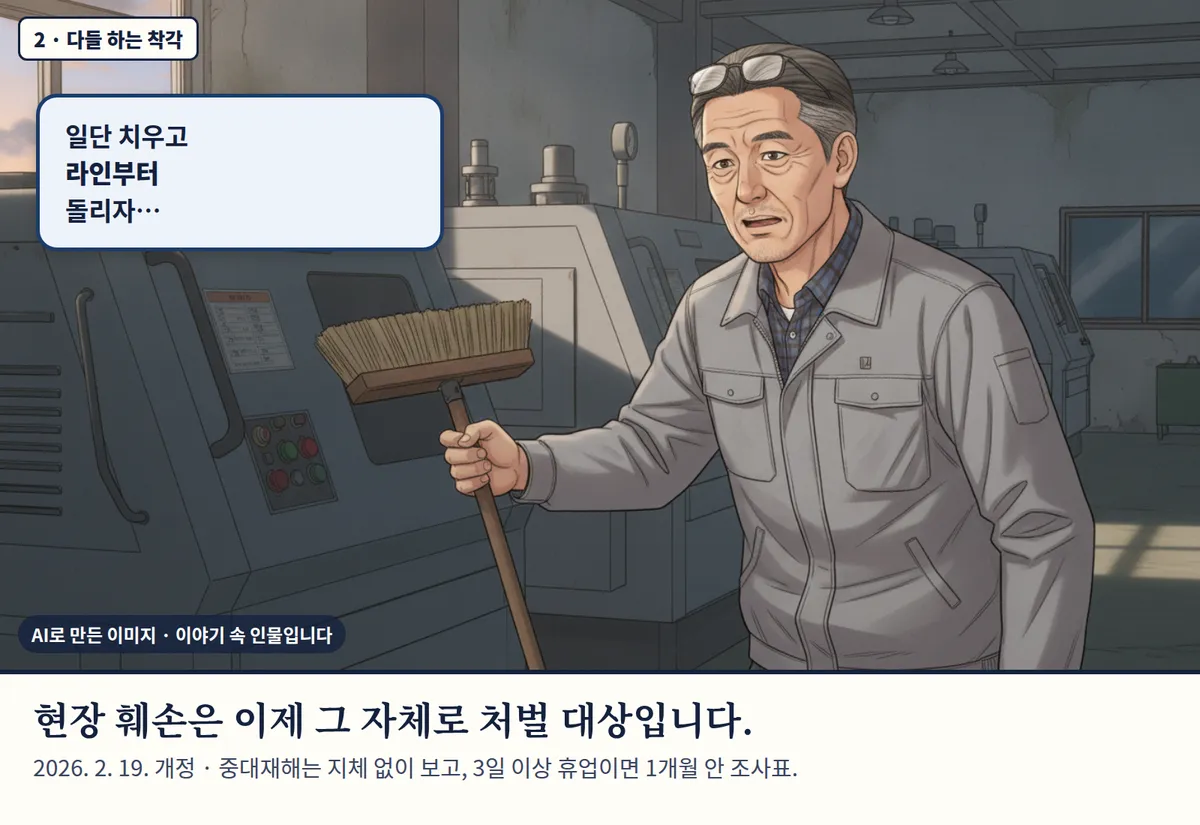 4컷 카툰 2컷(2 · 다들 하는 착각, AI로 만든 이미지, 이야기 속 인물): 일단 치우고 라인부터 돌리자… 현장 훼손은 이제 그 자체로 처벌 대상입니다. 2026. 2. 19. 개정 · 중대재해는 지체 없이 보고, 3일 이상 휴업이면 1개월 안 조사표.