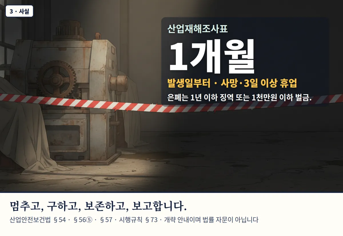 4컷 카툰 3컷(3 · 사실, AI로 만든 이미지, 이야기 속 인물): 산업재해조사표 1개월 — 발생일부터 · 사망·3일 이상 휴업. 은폐는 1년 이하 징역 또는 1천만원 이하 벌금. 멈추고, 구하고, 보존하고, 보고합니다. 산업안전보건법 §54 · §56⑤ · §57 · 시행규칙 §73 · 개략 안내이며 법률 자문이 아닙니다
