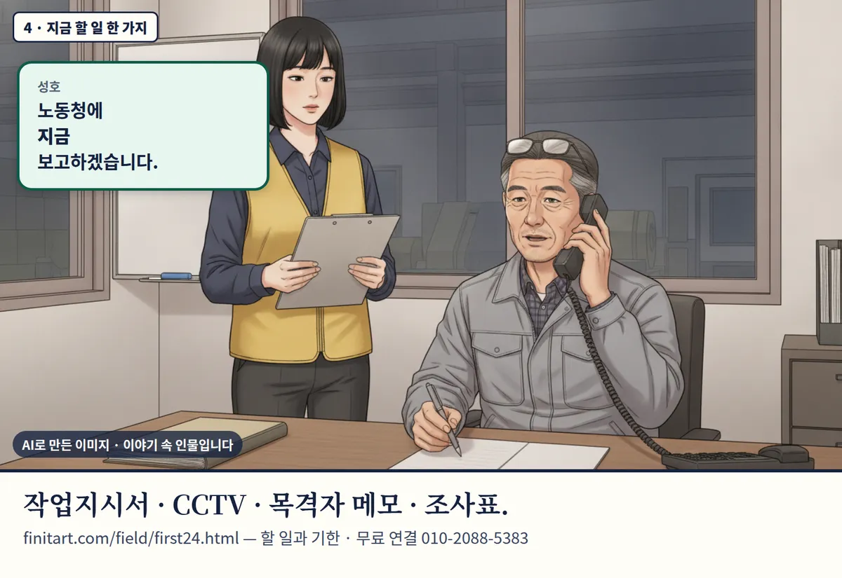 4컷 카툰 4컷(4 · 지금 할 일 한 가지, AI로 만든 이미지, 이야기 속 인물): 성호: 노동청에 지금 보고하겠습니다. 작업지시서 · CCTV · 목격자 메모 · 조사표. finitart.com/field/first24.html — 할 일과 기한 · 무료 연결 010-2088-5383