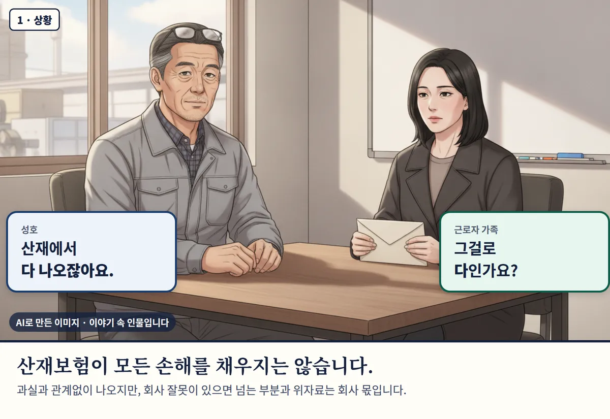 4컷 카툰 1컷(1 · 상황, AI로 만든 이미지, 이야기 속 인물): 성호: 산재에서 다 나오잖아요. / 근로자 가족: 그걸로 다인가요? 산재보험이 모든 손해를 채우지는 않습니다. 과실과 관계없이 나오지만, 회사 잘못이 있으면 넘는 부분과 위자료는 회사 몫입니다.
