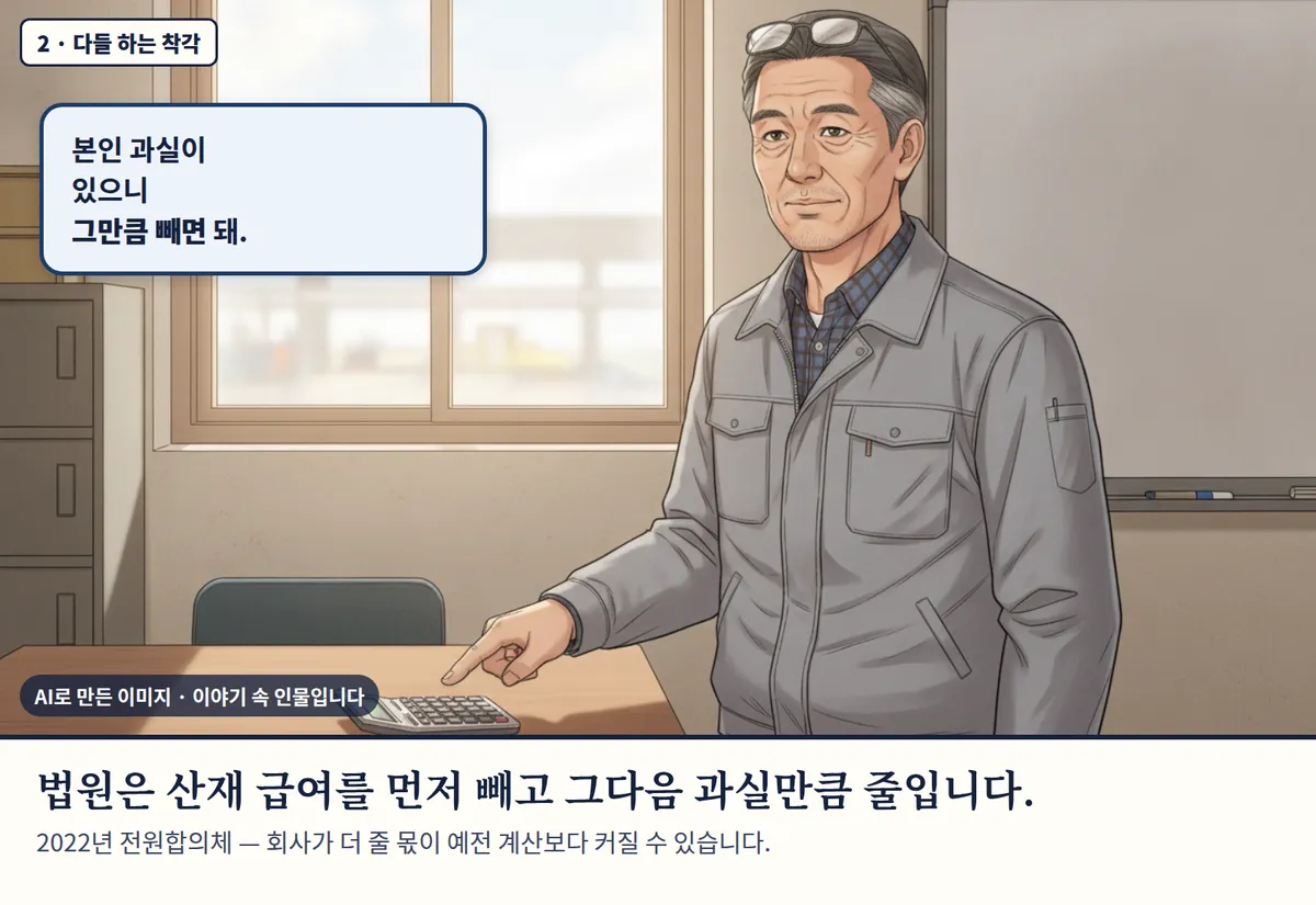 4컷 카툰 2컷(2 · 다들 하는 착각, AI로 만든 이미지, 이야기 속 인물): 본인 과실이 있으니 그만큼 빼면 돼. 법원은 산재 급여를 먼저 빼고 그다음 과실만큼 줄입니다. 2022년 전원합의체 — 회사가 더 줄 몫이 예전 계산보다 커질 수 있습니다.