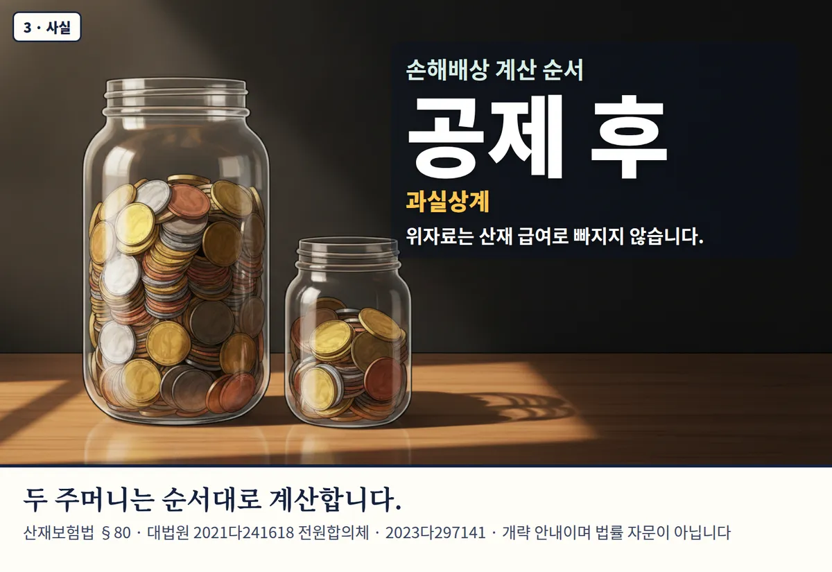 4컷 카툰 3컷(3 · 사실, AI로 만든 이미지, 이야기 속 인물): 손해배상 계산 순서 공제 후 — 과실상계. 위자료는 산재 급여로 빠지지 않습니다. 두 주머니는 순서대로 계산합니다. 산재보험법 §80 · 대법원 2021다241618 전원합의체 · 2023다297141 · 개략 안내이며 법률 자문이 아닙니다