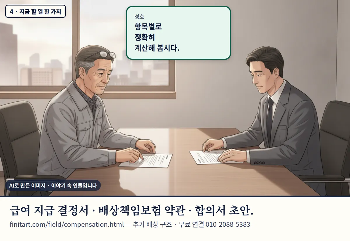 4컷 카툰 4컷(4 · 지금 할 일 한 가지, AI로 만든 이미지, 이야기 속 인물): 성호: 항목별로 정확히 계산해 봅시다. 급여 지급 결정서 · 배상책임보험 약관 · 합의서 초안. finitart.com/field/compensation.html — 추가 배상 구조 · 무료 연결 010-2088-5383