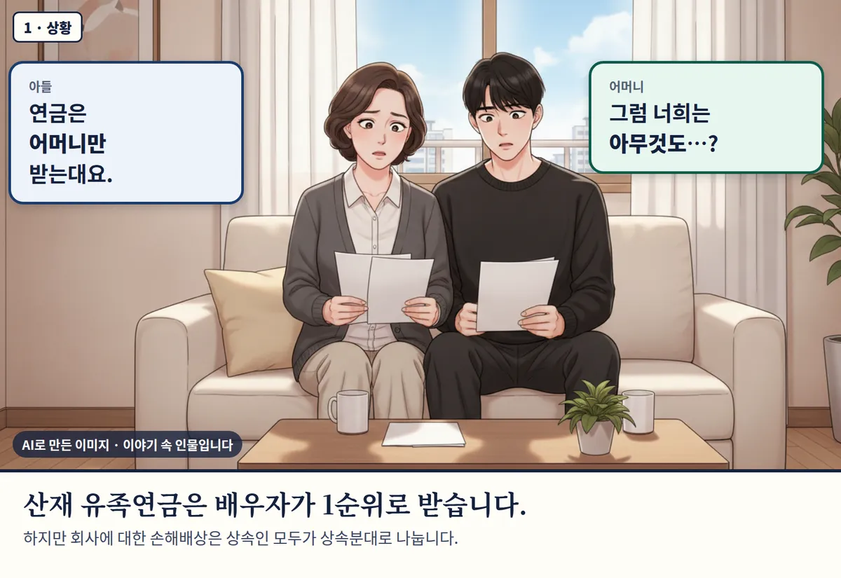 4컷 카툰 1컷(1 · 상황, AI로 만든 이미지, 이야기 속 인물): 아들: 연금은 어머니만 받는대요. / 어머니: 그럼 너희는 아무것도…? 산재 유족연금은 배우자가 1순위로 받습니다. 하지만 회사에 대한 손해배상은 상속인 모두가 상속분대로 나눕니다.