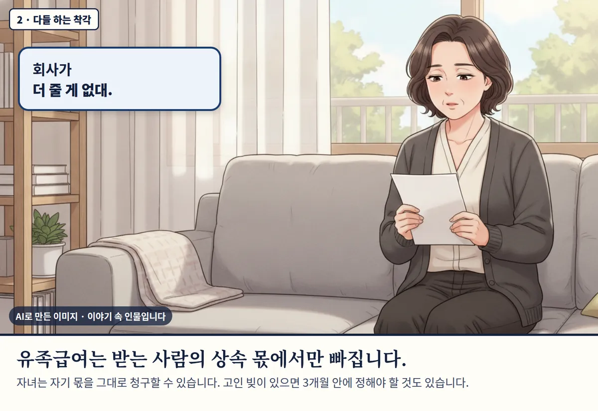 4컷 카툰 2컷(2 · 다들 하는 착각, AI로 만든 이미지, 이야기 속 인물): 회사가 더 줄 게 없대. 유족급여는 받는 사람의 상속 몫에서만 빠집니다. 자녀는 자기 몫을 그대로 청구할 수 있습니다. 고인 빚이 있으면 3개월 안에 정해야 할 것도 있습니다.