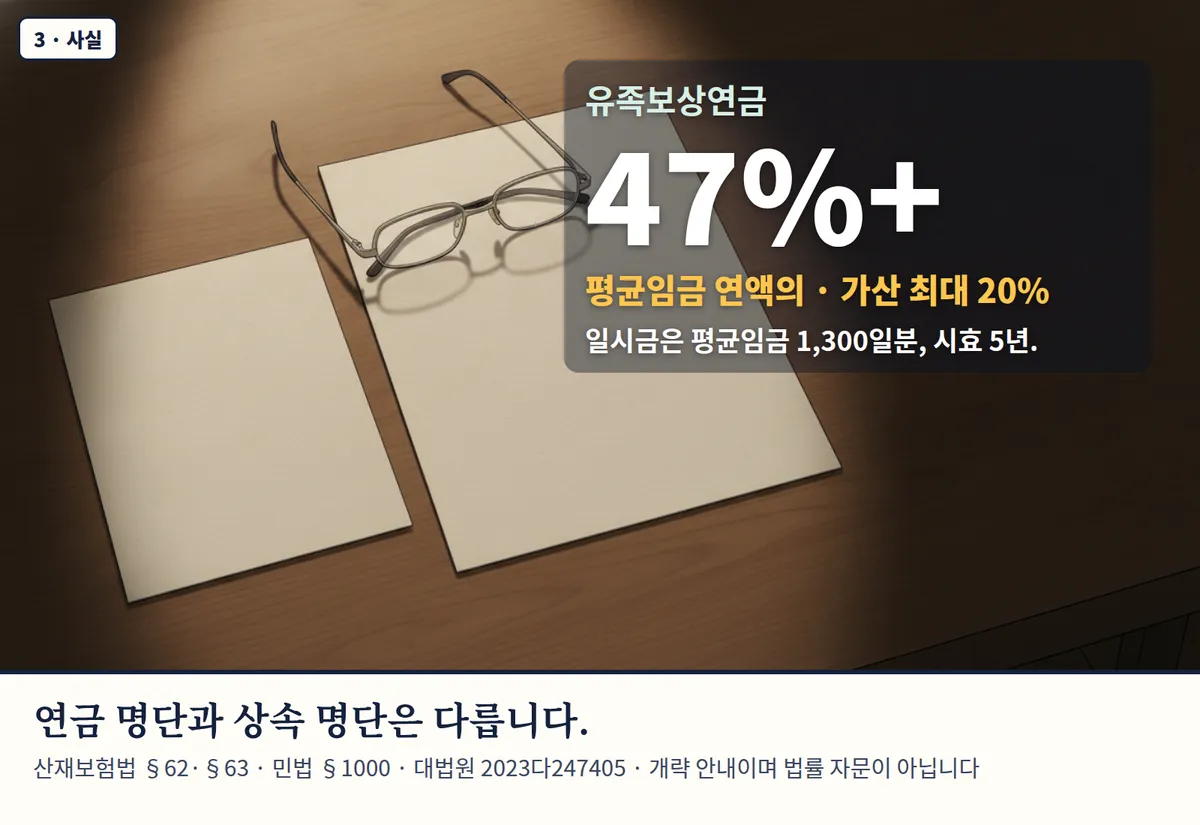 4컷 카툰 3컷(3 · 사실, AI로 만든 이미지, 이야기 속 인물): 유족보상연금 47%+ — 평균임금 연액의 · 가산 최대 20%. 일시금은 평균임금 1,300일분, 시효 5년. 연금 명단과 상속 명단은 다릅니다. 산재보험법 §62·§63 · 민법 §1000 · 대법원 2023다247405 · 개략 안내이며 법률 자문이 아닙니다