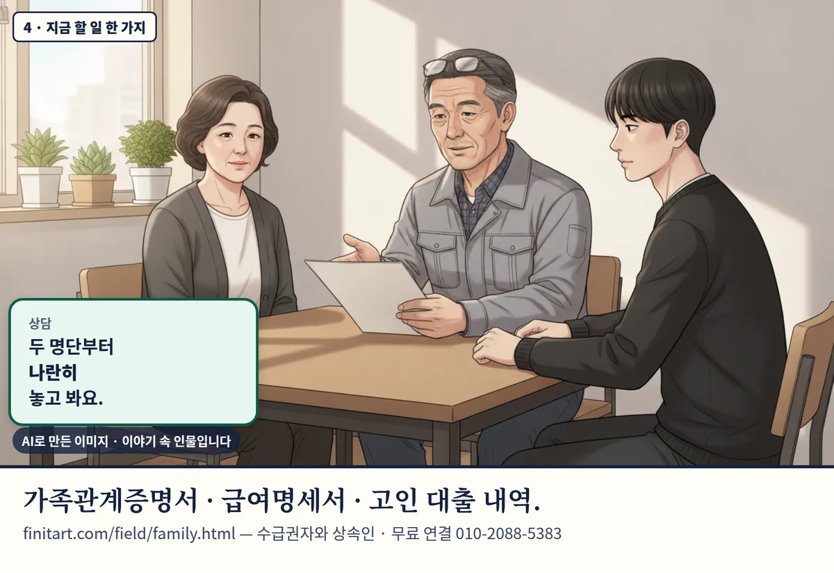 4컷 카툰 4컷(4 · 지금 할 일 한 가지, AI로 만든 이미지, 이야기 속 인물): 상담: 두 명단부터 나란히 놓고 봐요. 가족관계증명서 · 급여명세서 · 고인 대출 내역. finitart.com/field/family.html — 수급권자와 상속인 · 무료 연결 010-2088-5383